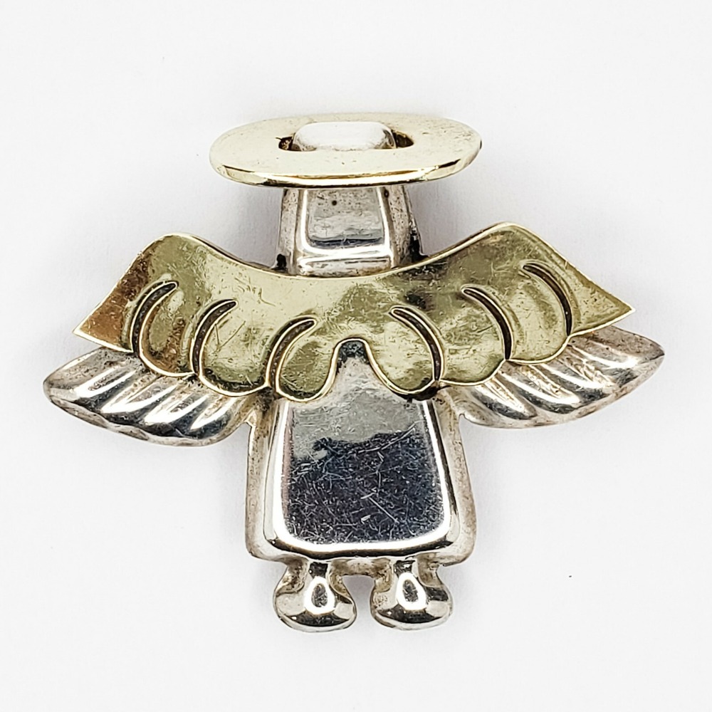 Vintage Mexico Sterling Silver 925 and Brass Angel with Wings Brooch Pin